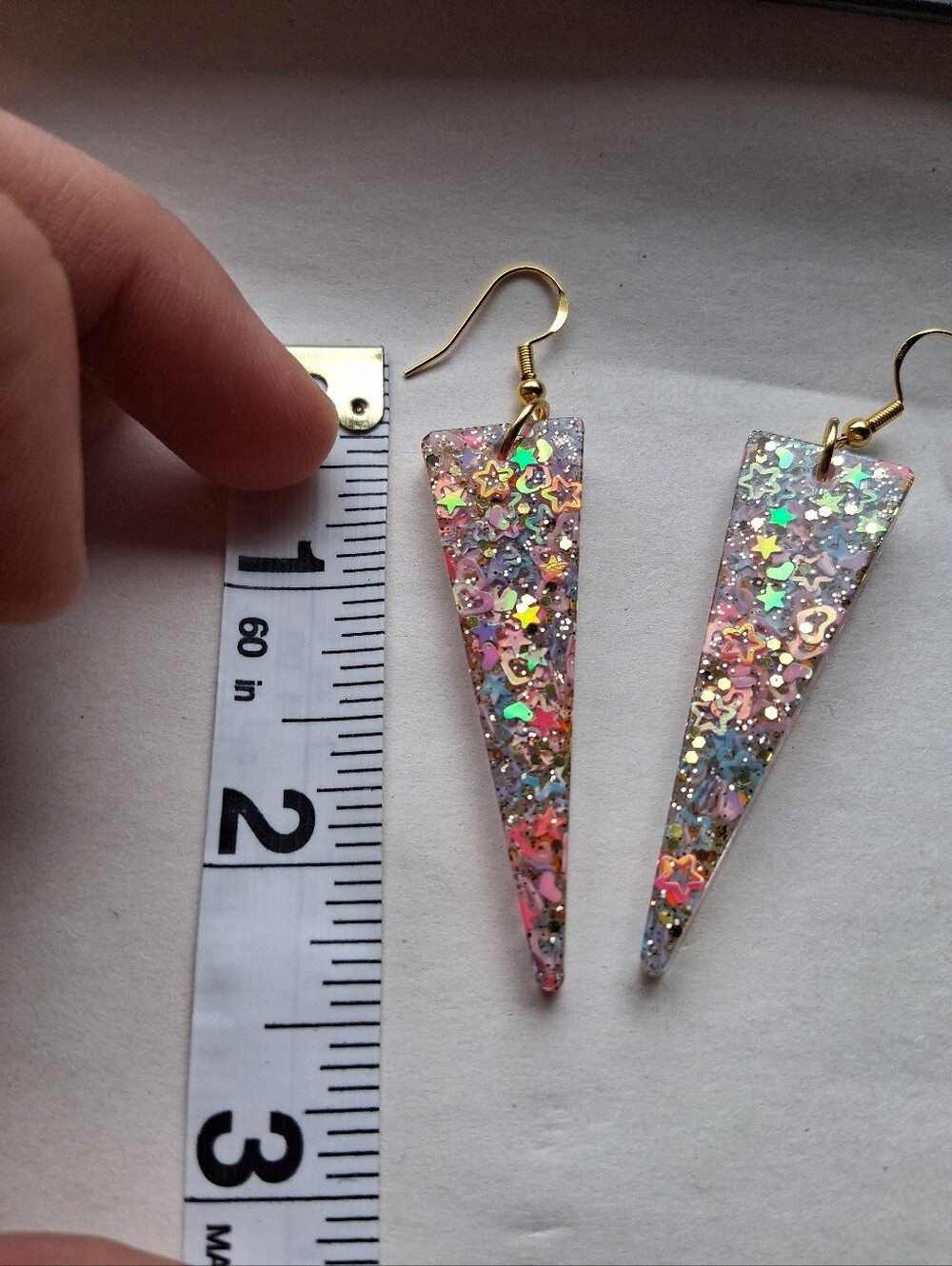 Hand Crafted Multicolor Glitter Star & Heart Triangle Drop Earrings - Picture 4 of 4